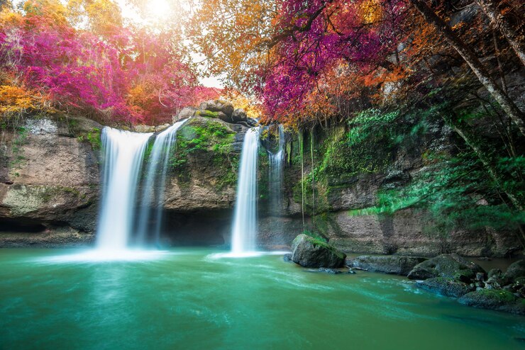Foto landschaftliche aussicht auf einen wasserfall im wald