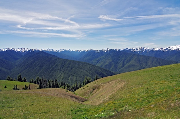 Landschaftliche Aussicht auf grüne Berge vor dem Himmel