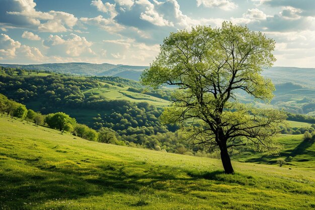 Landschaftliche Landschaft im Frühling mit einsamem Baum