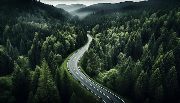 Landschaftliche Landschaft mit Pinienwäldern und Fahrstraße im mittleren Bereich