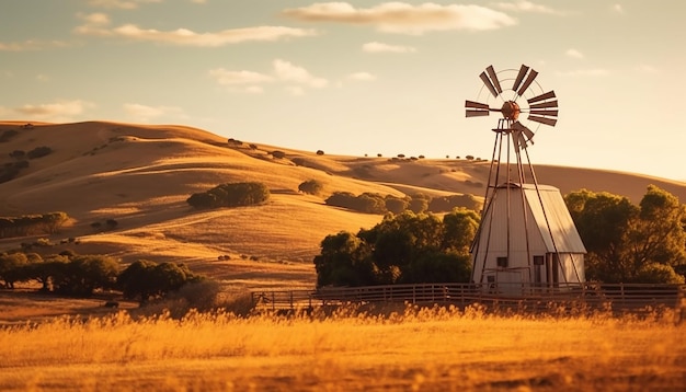 Landschaftliche Sonnenuntergang Windmühle Wiese Windkraft ruhige Szene Schönheit in der Natur, die durch KI erzeugt wird