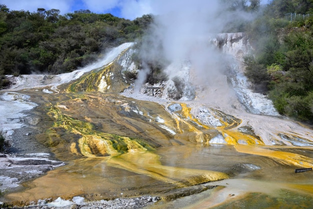 Landschaftlicher Blick auf den Wasserfall vor dem Himmel