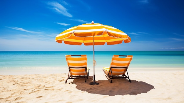 Landschafts-Strandstühle und Regenschirm an einem atemberaubenden tropischen Strand