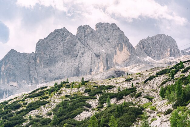 Landschaftsalpen mit hohem felsigem Berg unter Himmel