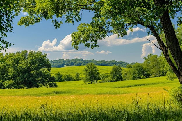 Landschaftsansicht auf goldene Felder mit nackten Bäumen und Bergen im Herbst