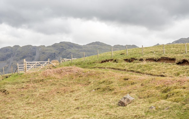 Landschaftsansicht der grünen Wiese und des Berghintergrundes unter bewölktem Himmel in England