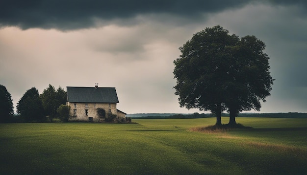 Landschaftsansicht des friedlichen dunklen bewölkten Himmels auf dem Land mit geheimnisvollem Bauernhaus