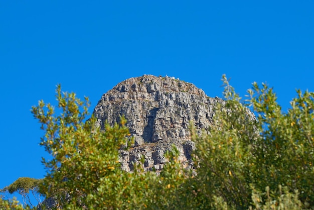 Landschaftsansicht des Lions Head Mountain in einem beliebten Tourismus- oder Wanderziel Unwegsames Gelände mit blauem Himmelskopierraum und üppig grünen Bäumen oder Pflanzen, die im abgelegenen wilden Kapstadt Südafrika wachsen