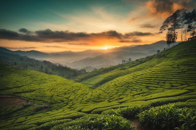 Landschaftsansicht einer Teeplantage bei Sonnenuntergang Munnar, Bundesstaat Kerala, Indien