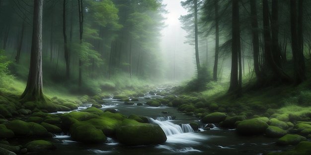 Landschaftsansicht von Wald und Bach, erstellt mit generativer KI-Technologie