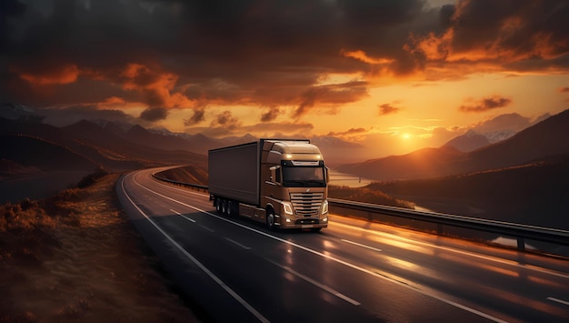 Landschaftsbild eines Lastwagens, der auf einer Autobahn fährt, mit Blick auf die Berge im Abendlicht