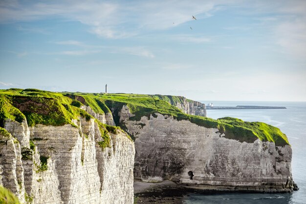 Landschaftsblick auf die berühmte felsige Küste in der Nähe der Stadt Etretat in Frankreich während des sonnigen Tages