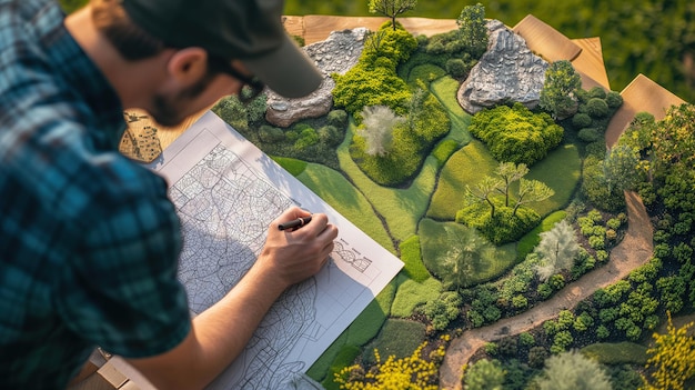 Landschaftsdesigner bei der Arbeit bringt Ideen kreativ zum Leben und gestaltet harmonische und schöne Landschaften, die von der Schönheit der Natur inspiriert sind