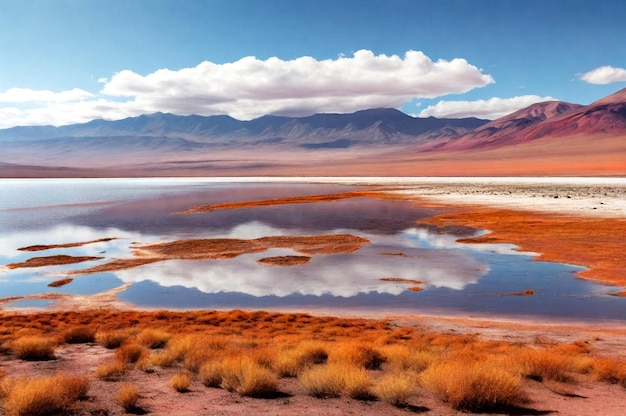 Landschaftsfoto des Laguna Colorada Sees mit trockener Vegetation im Hintergrund der Anden Landschaft vi