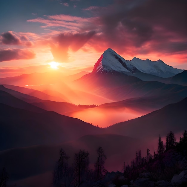 Landschaftsfotografie, ein wunderschöner Sonnenaufgang über dem Rain Mountain. Treten Sie ein in eine Welt voller chromatischer Mystik
