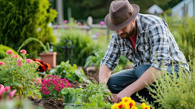 Landschaftsgarten Blumenblumen Grün der Rasen Rasen Arbeit mit Pflanzen Mann in Hut Parkhof Nahaufschwung exotische Blumenbeete Knospen Stängel Hintergrund Generativ durch KI