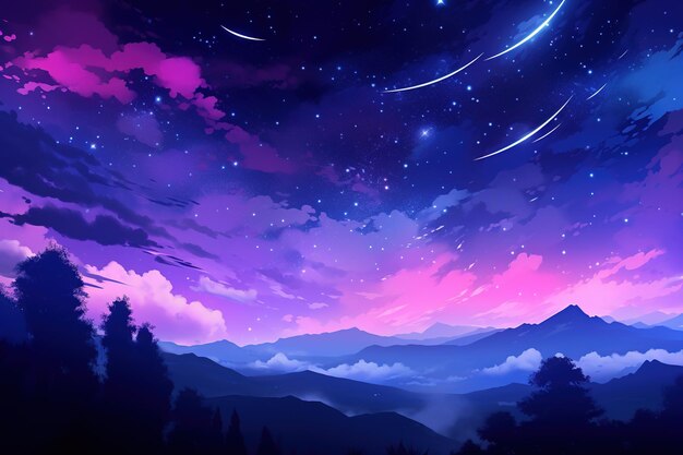 Landschaftshintergrund dunkler Himmel und Sterne mit einem farbenfrohen Fraktalnebel