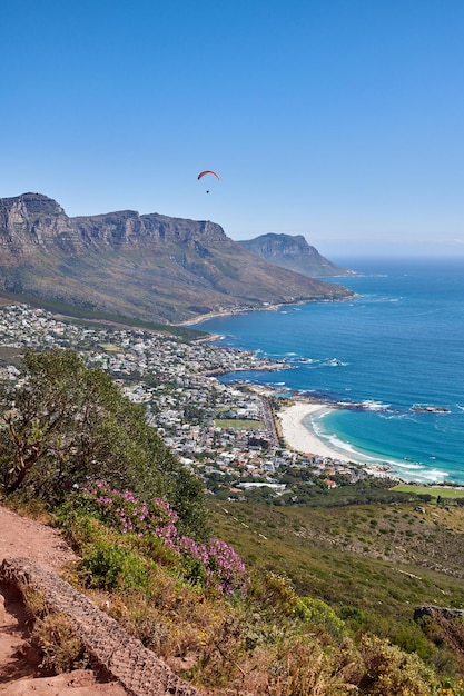 Landschaftskopierraum und Meerblick des Bergwanderwegs mit Fynbos-Blumen Gleitschirm fliegt über Berge, Meer und Stadt in extremem Adrenalinsport oder Abenteuerhobby im Reiseziel