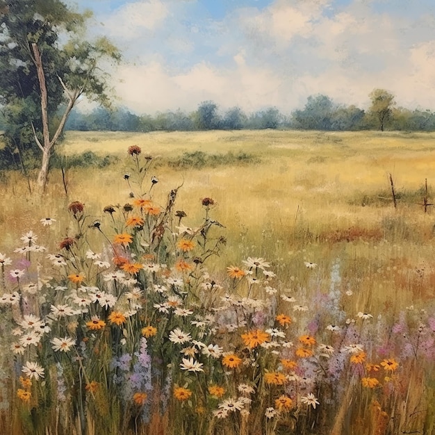 Landschaftsmalerei mit Öl von Wildblumen