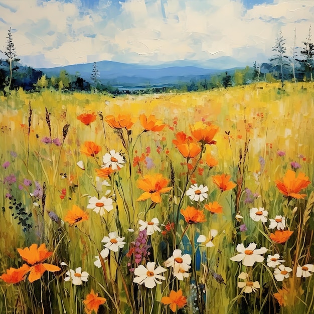 Foto landschaftsmalerei mit öl von wildblumen