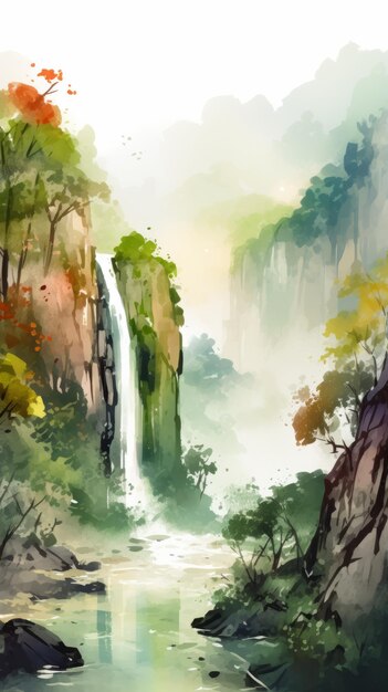 Landschaftsnaturkunstwerk-Hügelwasserfall im Aquarellstil AI generiert