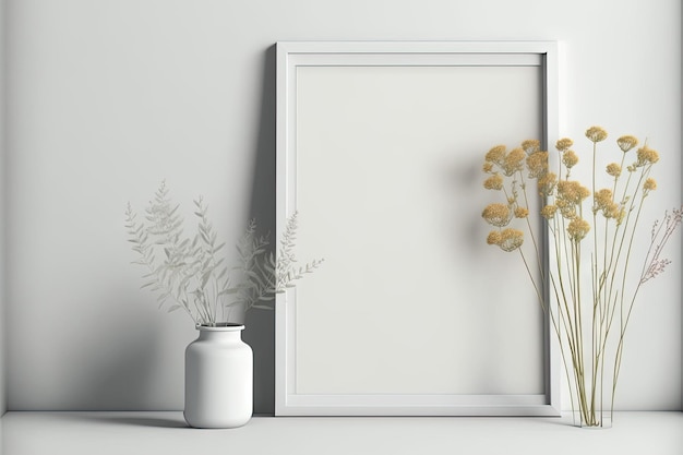 Landschaftsrahmenmodell in weißem minimalistischem Interieur mit trockenen Blumen in Vase