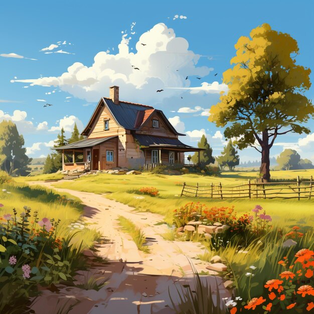 Landschaftsszene Bauernhaus Natur Hintergrundvektor-Illustration KI-generiertes Bild