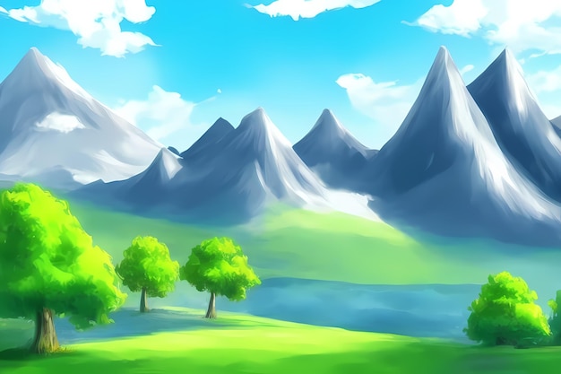 Landschaftsszene mit schönen grünen Bergwiesenbäumen mit blauen Himmeln und Bergen