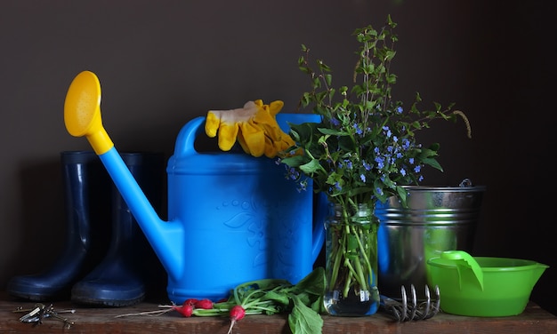 Landstillleben. Gartengeräte auf dem Tisch: Bewässerung, Kratzer, Eimer, Gummistiefel und Handschuhe