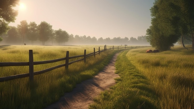 Foto landstraße bei sonnenuntergang durch grasbewachsene felder zwischen zäunen mit rustikalen holzpfosten ai generative