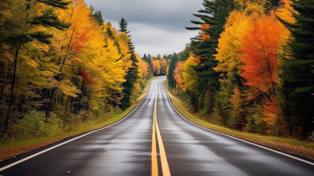 LANDSTRASSE IM HERBST Dramatische, stimmungsvolle Szene einer Landstraße, die durch eine wunderschöne Waldlandschaft führt Orange und grüne Laubfarben Abenteuer durch kanadisches Territorium