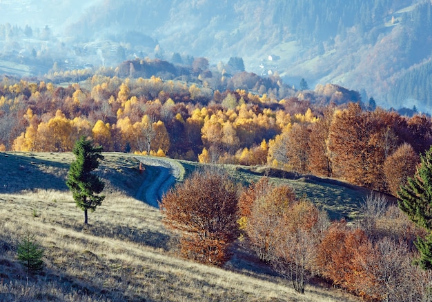 Landstraße im Herbst nebligen Berg und bunte Bäume am Hang.