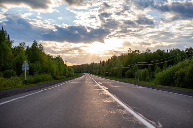 Landstraße mit Markierungen mitten im Wald. Weg und Vorwärtsbewegung in der Sonne. Schöner, grüner Wald im Frühjahr bei Sonnenuntergang. Erfolgskonzept für das zukünftige Ziel und Zeitvertreib