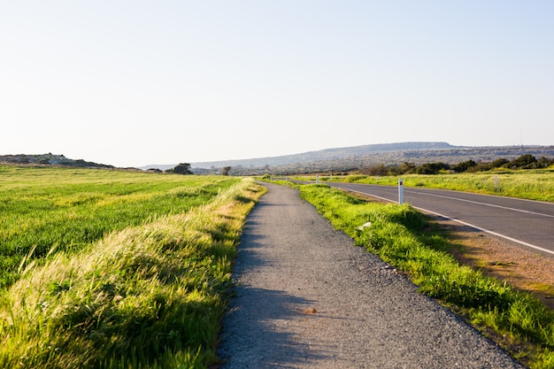 Landstraße und grünes Gras am Sommertag