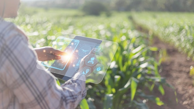 Landtechnik-Landwirt, der Tablet-Computer-Analysedaten und visuelles Symbol verwendet