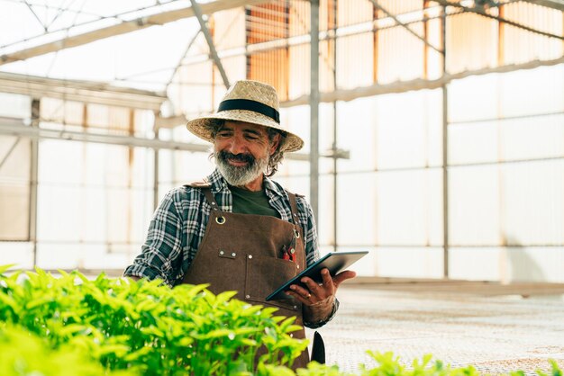 Landwirt, älterer Mann, der auf seinem Bauernhof und im Gewächshaus arbeitet