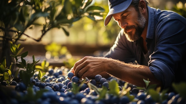 Landwirt, der auf dem Feld Blaubeeren pflückt