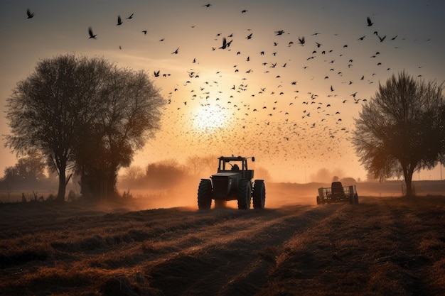 Landwirt, der bei Sonnenuntergang auf einem grünen Feld arbeitet