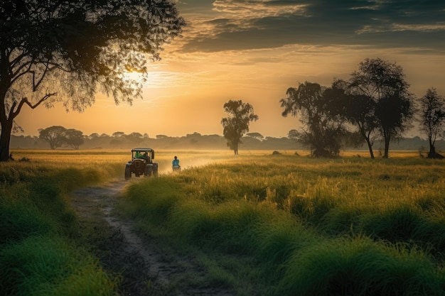 Landwirt, der bei Sonnenuntergang auf einem grünen Feld arbeitet