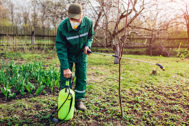 Landwirt, der manuelles Pestizidsprühgerät pumpt, um Baum gegen Insekten im Frühlingsgarten zu sprühen. Landwirtschaft und Gartenbau