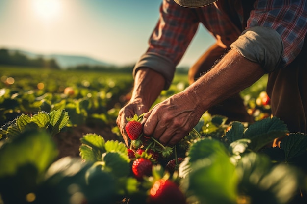 Landwirt, der reife Erdbeeren von Hand pflückt Generative KI