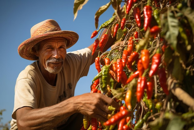 Landwirt erntet rote scharfe Chilischoten und pflückt Gewürze auf der Plantage, die Gemüse auf dem Feld anbaut