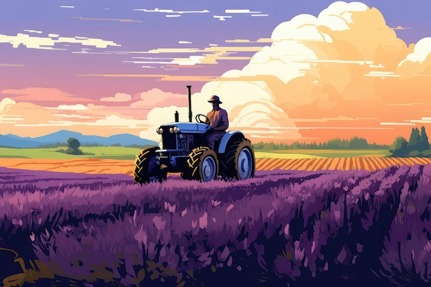 Landwirt fährt Traktor durch blühendes Lavendelfeld Illustration generative KI