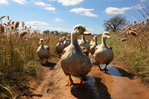 Landwirt füttert die Enten am TeichEntenstall mit Enten, die sich auf dem Bauernhof ausruhen, erzeugt mit KI