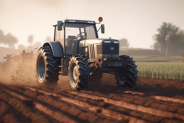 Landwirt im Traktor bereitet Land mit Saatbettgrubber bei Sonnenuntergang auf dem Feld vor