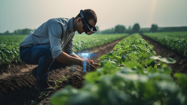 Landwirt mit Augmented-Reality-Brille zur Ernteüberwachung und -analyse