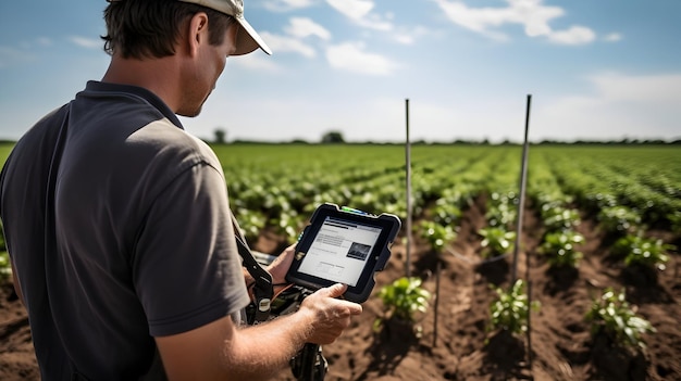 Foto landwirt mit einem intelligenten pflanzensystem, das durch gps-technologie geleitet wird