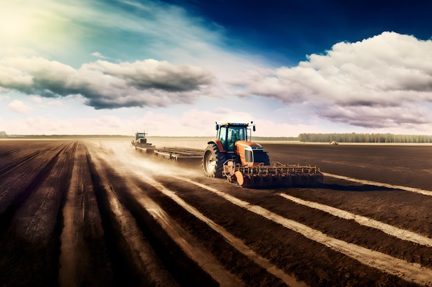 Landwirt mit Traktor sät Getreide auf landwirtschaftlichen Feldern und pflanzt Weizen neuronales Netzwerk ai