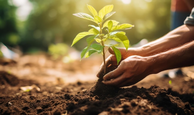 Landwirt pflanzt bei Sonnenuntergang einen Sämling im Garten Landwirtschaftskonzept