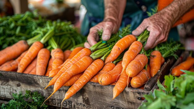 Landwirte auf dem Markt wählen mit den Händen frische Karotten von einem Gemüsestand aus